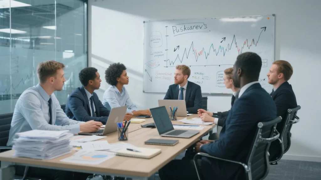 Трейдеры обсуждают стратегии Пушкарёва в переговорной с графиками